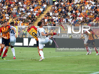 Nikola Krstovic of US Lecce scores a goal during the Serie A match between Lecce and Cagliari in Lecce, Italy, on August 31, 2024. (