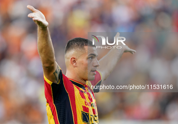 Nikola Krstovic of US Lecce celebrates a goal during the Serie A match between Lecce and Cagliari in Lecce, Italy, on August 31, 2024. 