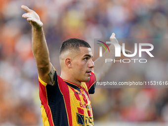 Nikola Krstovic of US Lecce celebrates a goal during the Serie A match between Lecce and Cagliari in Lecce, Italy, on August 31, 2024. (