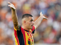 Nikola Krstovic of US Lecce celebrates a goal during the Serie A match between Lecce and Cagliari in Lecce, Italy, on August 31, 2024. (