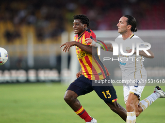 Patrick Dorgu of US Lecce is in action during the Serie A match between Lecce and Cagliari in Lecce, Italy, on August 31, 2024. (