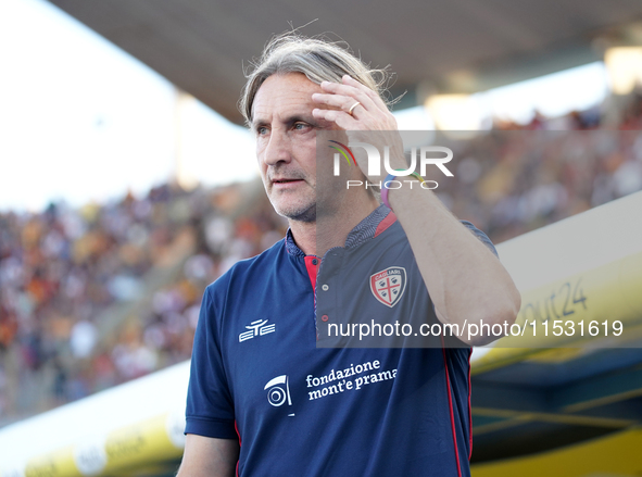 Davide Nicola, head coach of Cagliari Calcio, watches the Serie A match between Lecce and Cagliari in Lecce, Italy, on August 31, 2024. 