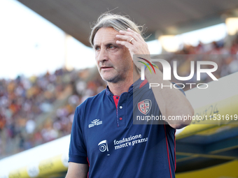 Davide Nicola, head coach of Cagliari Calcio, watches the Serie A match between Lecce and Cagliari in Lecce, Italy, on August 31, 2024. (