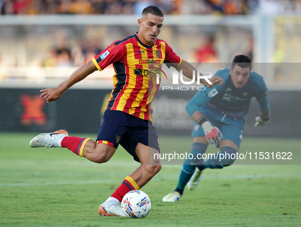 Nikola Krstovic of US Lecce is in action during the Serie A match between Lecce and Cagliari in Lecce, Italy, on August 31, 2024. 