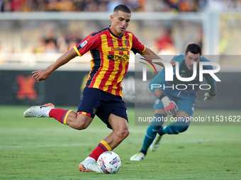 Nikola Krstovic of US Lecce is in action during the Serie A match between Lecce and Cagliari in Lecce, Italy, on August 31, 2024. (