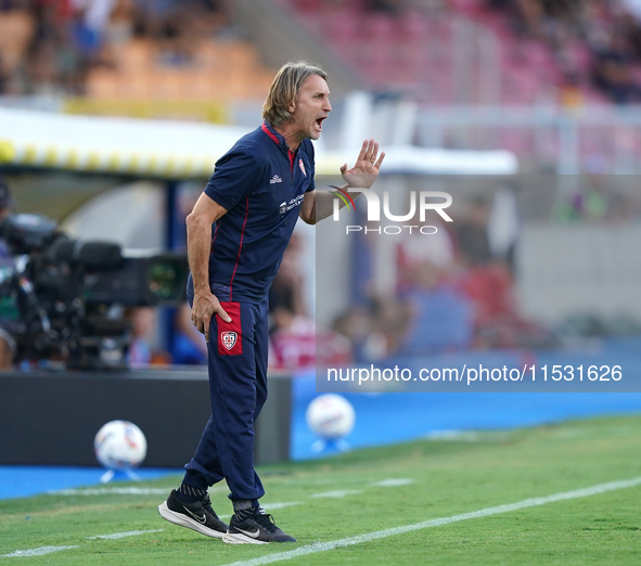 Davide Nicola, head coach of Cagliari Calcio, watches the Serie A match between Lecce and Cagliari in Lecce, Italy, on August 31, 2024. 