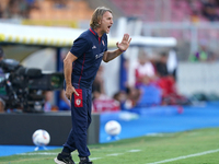 Davide Nicola, head coach of Cagliari Calcio, watches the Serie A match between Lecce and Cagliari in Lecce, Italy, on August 31, 2024. (