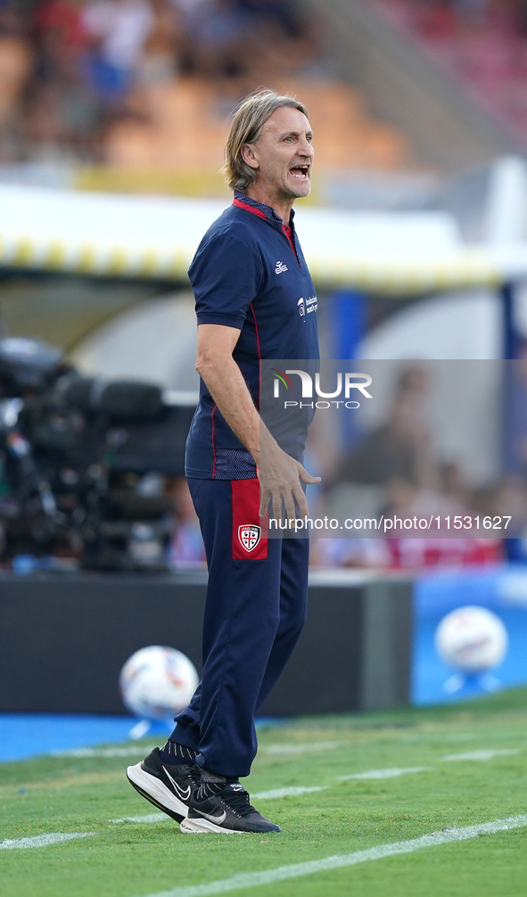 Davide Nicola, head coach of Cagliari Calcio, watches the Serie A match between Lecce and Cagliari in Lecce, Italy, on August 31, 2024. 