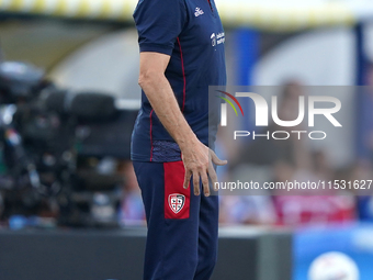 Davide Nicola, head coach of Cagliari Calcio, watches the Serie A match between Lecce and Cagliari in Lecce, Italy, on August 31, 2024. (