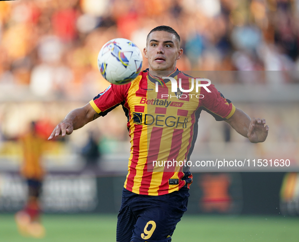 Nikola Krstovic of US Lecce is in action during the Serie A match between Lecce and Cagliari in Lecce, Italy, on August 31, 2024. 