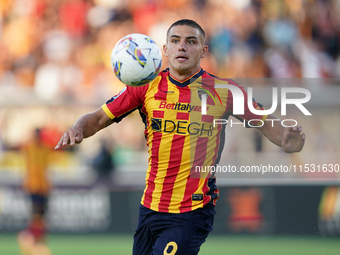 Nikola Krstovic of US Lecce is in action during the Serie A match between Lecce and Cagliari in Lecce, Italy, on August 31, 2024. (