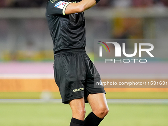 Referee Michael Fabbri officiates the Serie A match between Lecce and Cagliari in Lecce, Italy, on August 31, 2024. (