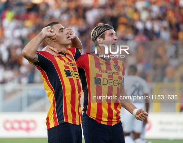 Nikola Krstovic of US Lecce celebrates a goal during the Serie A match between Lecce and Cagliari in Lecce, Italy, on August 31, 2024. 