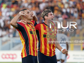 Nikola Krstovic of US Lecce celebrates a goal during the Serie A match between Lecce and Cagliari in Lecce, Italy, on August 31, 2024. (