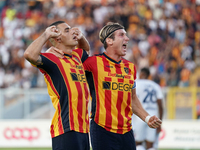 Nikola Krstovic of US Lecce celebrates a goal during the Serie A match between Lecce and Cagliari in Lecce, Italy, on August 31, 2024. (