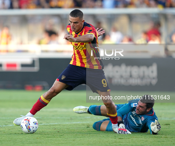 Nikola Krstovic of US Lecce is in action during the Serie A match between Lecce and Cagliari in Lecce, Italy, on August 31, 2024. 