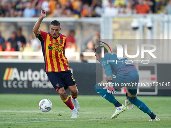 Nikola Krstovic of US Lecce is in action during the Serie A match between Lecce and Cagliari in Lecce, Italy, on August 31, 2024. (