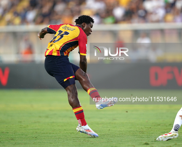 Patrick Dorgu of US Lecce is in action during the Serie A match between Lecce and Cagliari in Lecce, Italy, on August 31, 2024. 