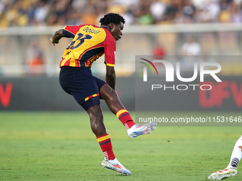 Patrick Dorgu of US Lecce is in action during the Serie A match between Lecce and Cagliari in Lecce, Italy, on August 31, 2024. (