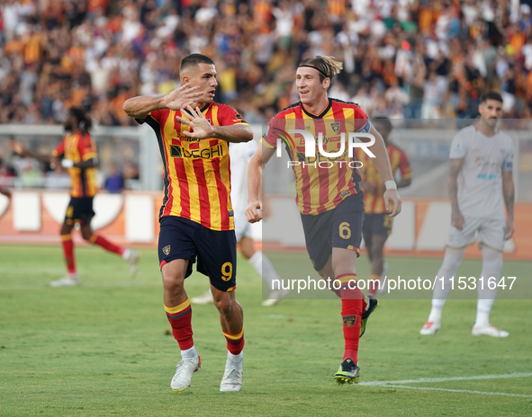 Nikola Krstovic of US Lecce celebrates a goal during the Serie A match between Lecce and Cagliari in Lecce, Italy, on August 31, 2024. 