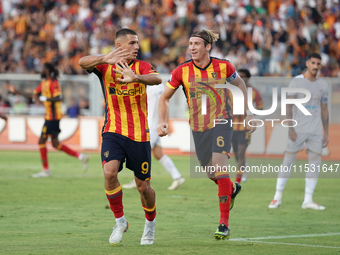 Nikola Krstovic of US Lecce celebrates a goal during the Serie A match between Lecce and Cagliari in Lecce, Italy, on August 31, 2024. (