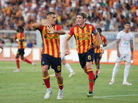 Nikola Krstovic of US Lecce celebrates a goal during the Serie A match between Lecce and Cagliari in Lecce, Italy, on August 31, 2024. (