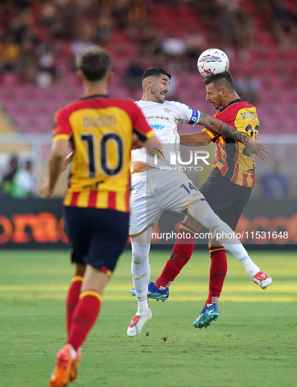 Alessandro Deiola of Cagliari Calcio is in action during the Serie A match between Lecce and Cagliari in Lecce, Italy, on August 31, 2024. 