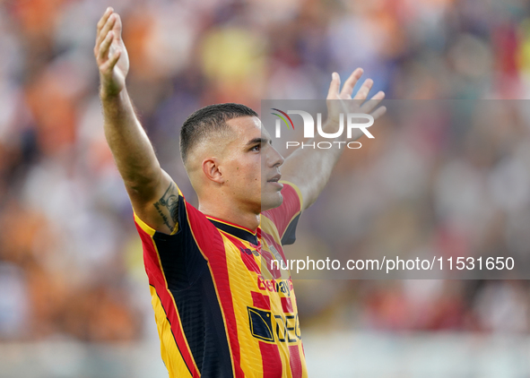 Nikola Krstovic of US Lecce celebrates a goal during the Serie A match between Lecce and Cagliari in Lecce, Italy, on August 31, 2024. 