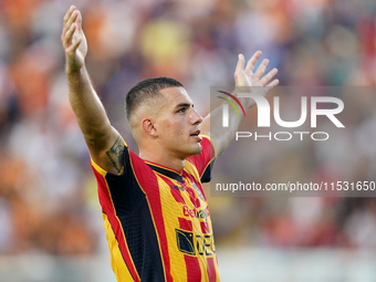 Nikola Krstovic of US Lecce celebrates a goal during the Serie A match between Lecce and Cagliari in Lecce, Italy, on August 31, 2024. (