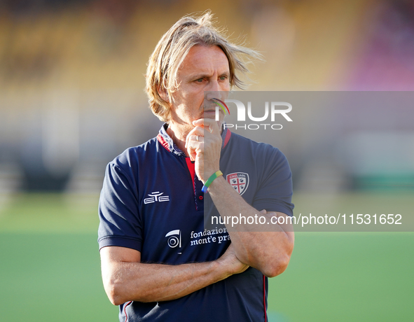 Davide Nicola, head coach of Cagliari Calcio, watches the Serie A match between Lecce and Cagliari in Lecce, Italy, on August 31, 2024. 