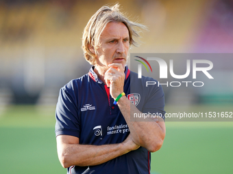 Davide Nicola, head coach of Cagliari Calcio, watches the Serie A match between Lecce and Cagliari in Lecce, Italy, on August 31, 2024. (