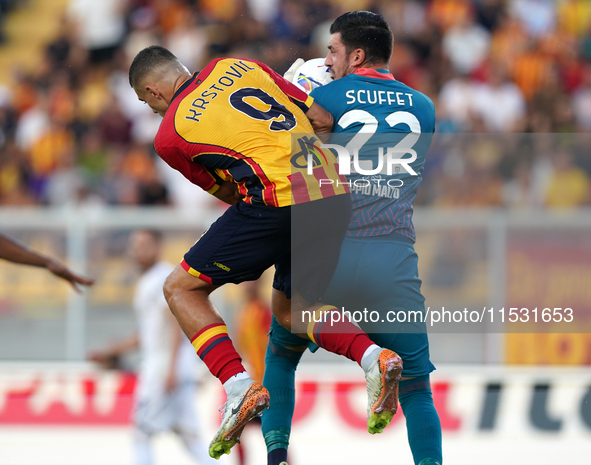 Nikola Krstovic of US Lecce is in action during the Serie A match between Lecce and Cagliari in Lecce, Italy, on August 31, 2024. 