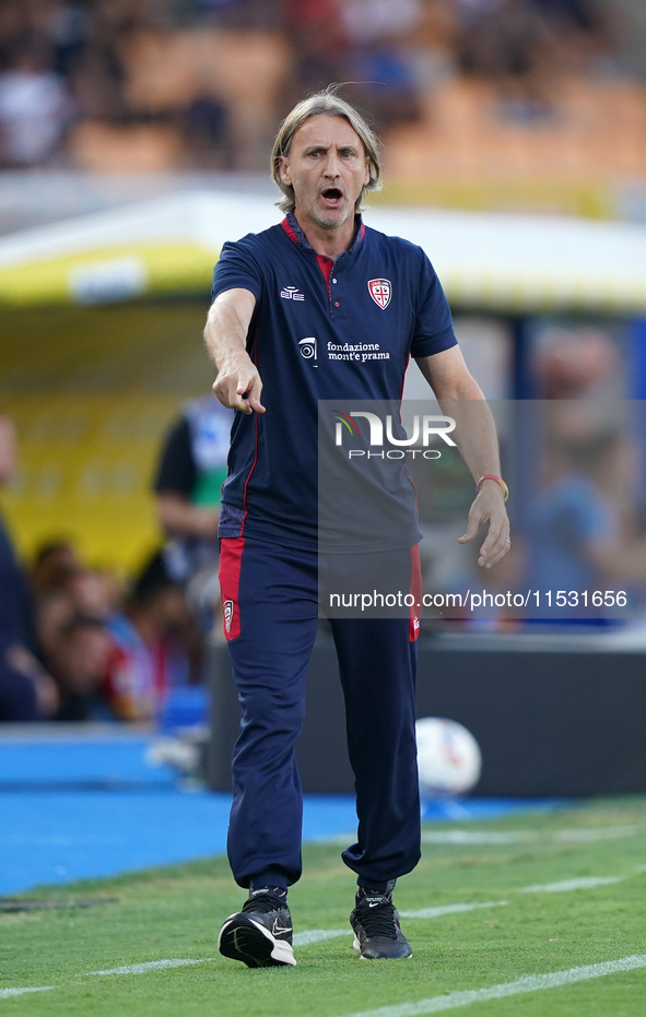 Davide Nicola, head coach of Cagliari Calcio, watches the Serie A match between Lecce and Cagliari in Lecce, Italy, on August 31, 2024. 