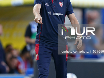 Davide Nicola, head coach of Cagliari Calcio, watches the Serie A match between Lecce and Cagliari in Lecce, Italy, on August 31, 2024. (