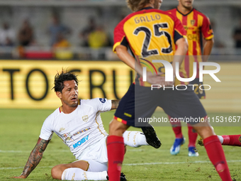 Gianluca Lapadula of Cagliari Calcio is in action during the Serie A match between Lecce and Cagliari in Lecce, Italy, on August 31, 2024. (