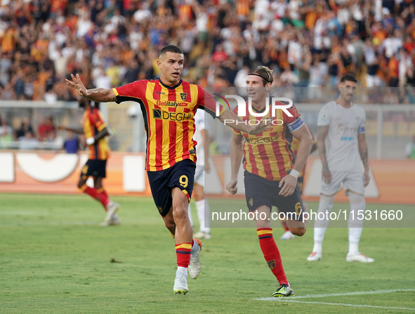 Nikola Krstovic of US Lecce celebrates a goal during the Serie A match between Lecce and Cagliari in Lecce, Italy, on August 31, 2024. 