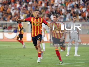 Nikola Krstovic of US Lecce celebrates a goal during the Serie A match between Lecce and Cagliari in Lecce, Italy, on August 31, 2024. (