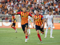 Nikola Krstovic of US Lecce celebrates a goal during the Serie A match between Lecce and Cagliari in Lecce, Italy, on August 31, 2024. (