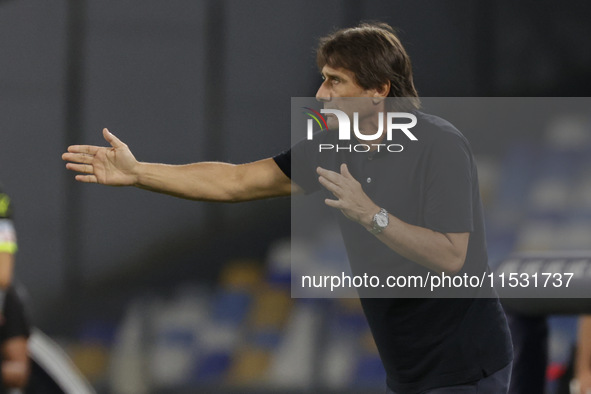 Antonio Conte coaches Napoli during the Serie A soccer match between SSC Napoli and Parma Calcio at Stadio Maradona in Naples, Italy, on Aug...