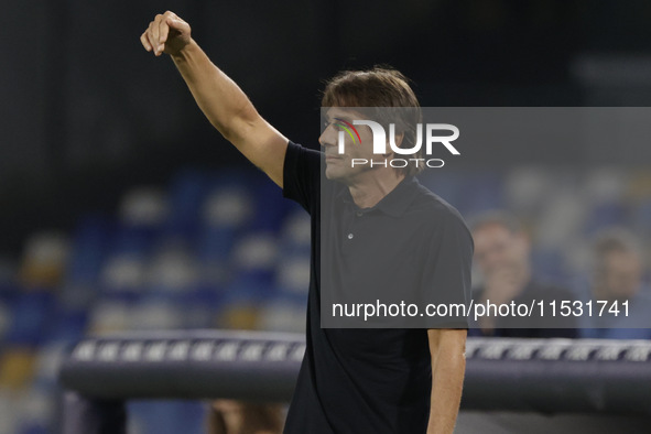 Antonio Conte coaches Napoli during the Serie A soccer match between SSC Napoli and Parma Calcio at Stadio Maradona in Naples, Italy, on Aug...