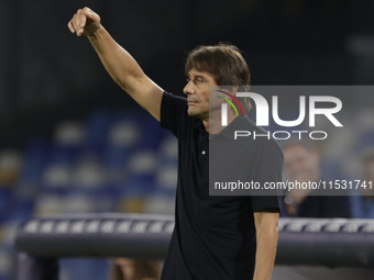 Antonio Conte coaches Napoli during the Serie A soccer match between SSC Napoli and Parma Calcio at Stadio Maradona in Naples, Italy, on Aug...