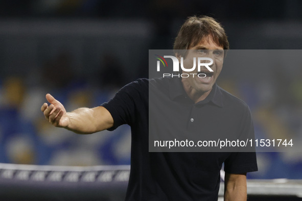 Antonio Conte coaches Napoli during the Serie A soccer match between SSC Napoli and Parma Calcio at Stadio Maradona in Naples, Italy, on Aug...