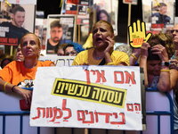 Thousands of Israelis, including the families of hostages, attend the rally in support of the hostages that are still being held by Hamas in...