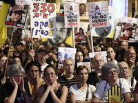 Thousands of Israelis, including the families of hostages, attend the rally in support of the hostages that are still being held by Hamas in...