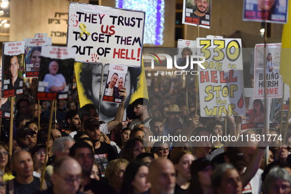 Thousands of Israelis, including the families of hostages, attend the rally in support of the hostages that are still being held by Hamas in...