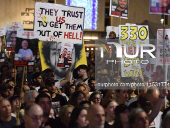 Thousands of Israelis, including the families of hostages, attend the rally in support of the hostages that are still being held by Hamas in...