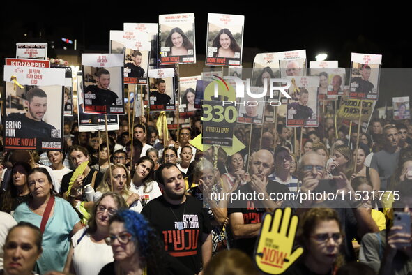 Thousands of Israelis, including the families of hostages, attend the rally in support of the hostages that are still being held by Hamas in...