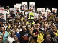 Thousands of Israelis, including the families of hostages, attend the rally in support of the hostages that are still being held by Hamas in...