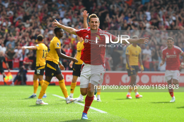 Chris Wood of Nottingham Forest celebrates after scoring a goal to make it 1-0 during the Premier League match between Nottingham Forest and...