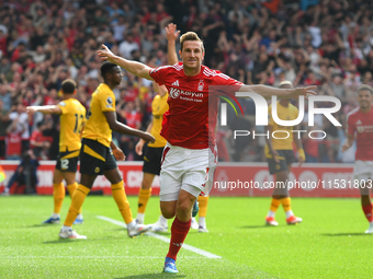 Chris Wood of Nottingham Forest celebrates after scoring a goal to make it 1-0 during the Premier League match between Nottingham Forest and...